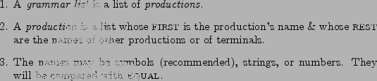 \begin{figure}\begin{enumerate}
\item A {\em grammar list} is a list of {\em pro...
...or numbers. They will be compared with {\sc equal}.
\end{enumerate}
\end{figure}