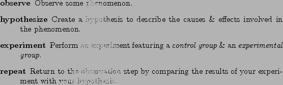 \begin{figure}\begin{description}
\par
\item[observe] Observe some phenomenon.
\...
...f your experiment with your hypothesis.
\par
\end{description}\par\end{figure}
