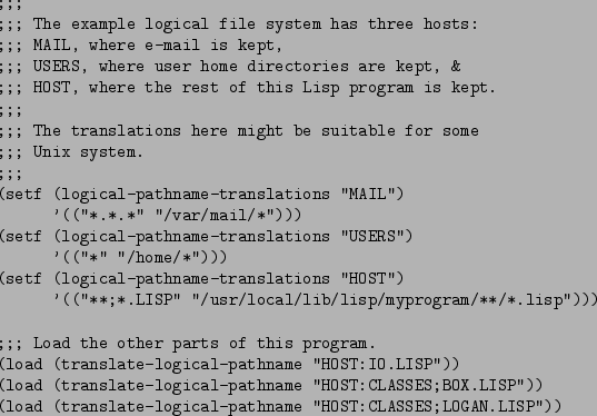 \begin{figure}\begin{verbatim};;;
;;; The example logical file system has thre...
...-logical-pathname ''HOST:CLASSES;LOGAN.LISP''))\end{verbatim}
\par\end{figure}