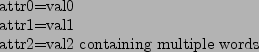 \begin{figure}\begin{verse}
attr0=val0 \\
attr1=val1 \\
attr2=val2 containing multiple words
\end{verse}
\end{figure}