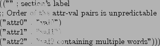 \begin{figure}\begin{verse}
(('''' ; section's label \\
;; Order of the attr-v...
...\\
(''attr2'' . ''val2 containing multiple words'')))
\end{verse}
\end{figure}