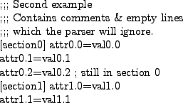 \begin{figure}\begin{verse}
;;; Second example \\
;;; Contains comments \& empt...
...0 \\
\par
[section1]
attr1.0=val1.0 \\
attr1.1=val1.1
\end{verse}
\end{figure}