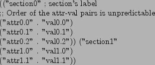 \begin{figure}\begin{verse}
((''section0'' ; section's label \\
;; Order of th...
...ttr1.0'' . ''val1.0'') \\
(''attr1.1'' . ''val1.1''))
\end{verse}
\end{figure}