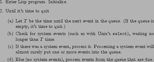 \begin{figure}\begin{enumerate}
\par
\item Enter Lisp program. Initialize.
\par
...
...s from the
queue that are due.
\par
\end{enumerate}\end{enumerate}
\end{figure}