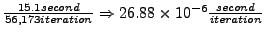 $\frac{15.1 second}{56,173 iteration} \Rightarrow 26.88 \times 10^{-6}
\frac{second}{iteration}$